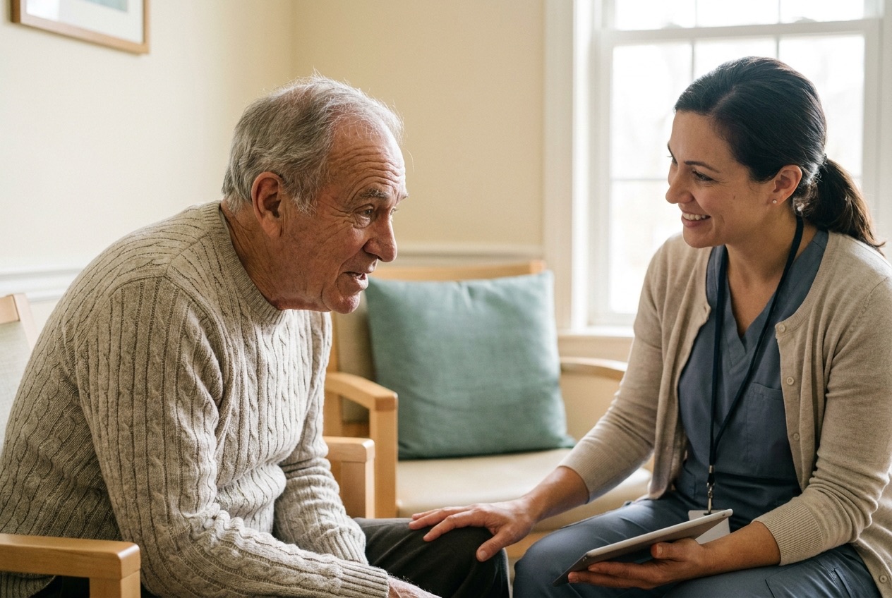 An older woman in conversation with a nurse practitioner who holds a tablet, in a warm, sunlit senior-care room.
